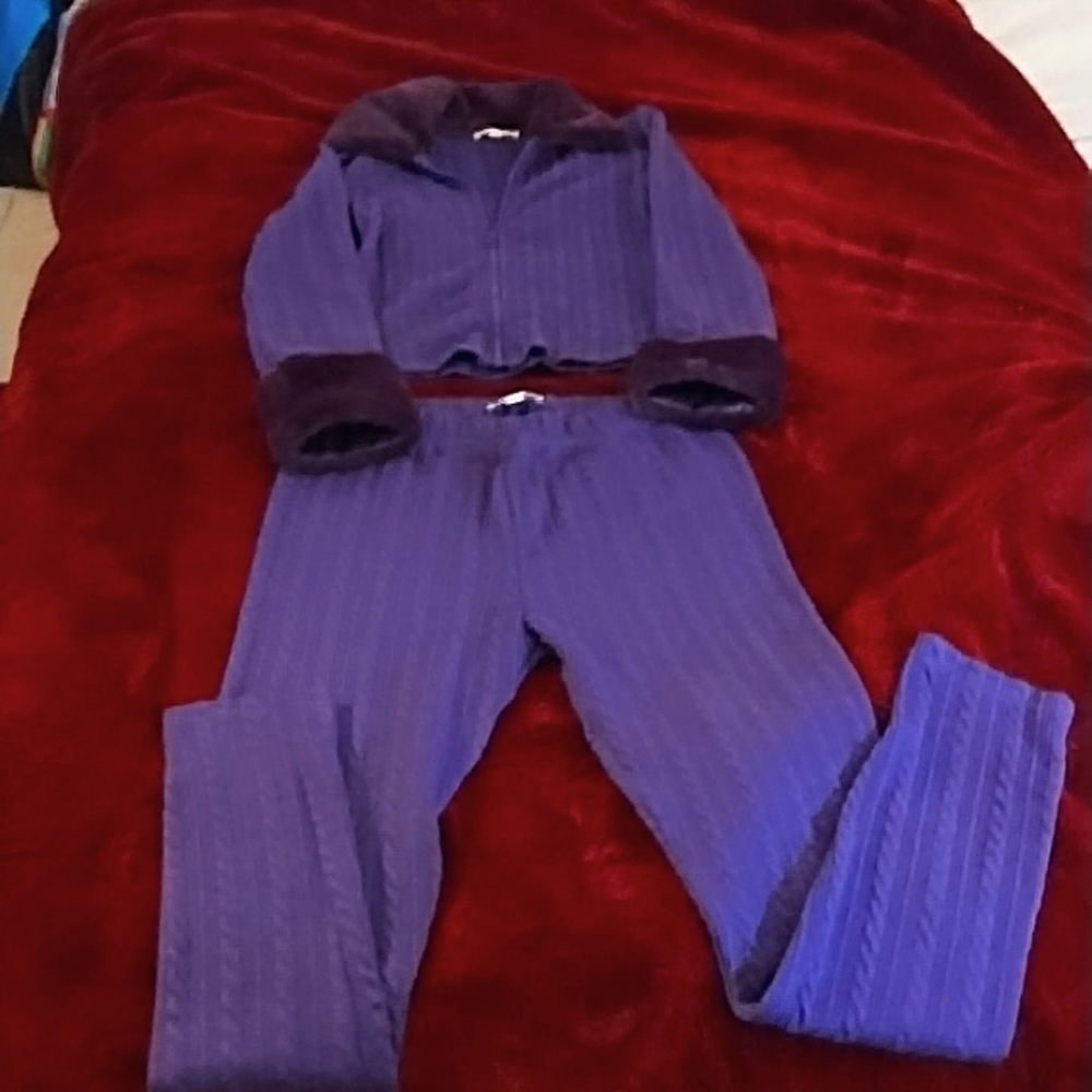 Purple 2 piece. Jacket with fur cuffs and collar and matching leggings. Size S.